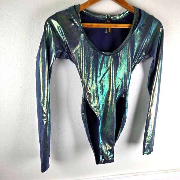 Women's J. Valentine Rave EDC Metallic Iridescent Long Sleeve Bodysuit Sz S/M - Picture 3 of 11